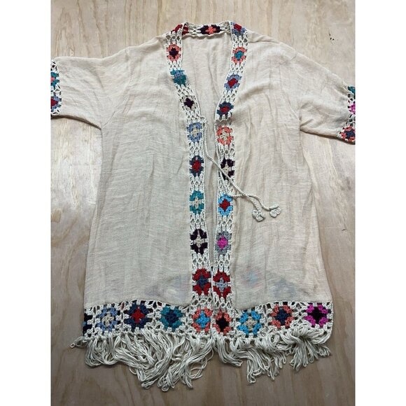 Boho Crochet Kimono Cardigan Fringe Open Front Festival Hippie Topper One Size - Picture 1 of 7